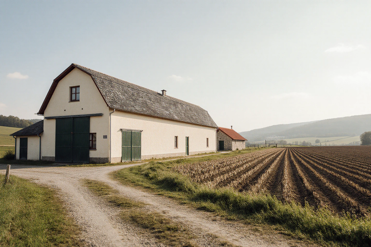 Farm building with green doors beside a cultivated field and an access track