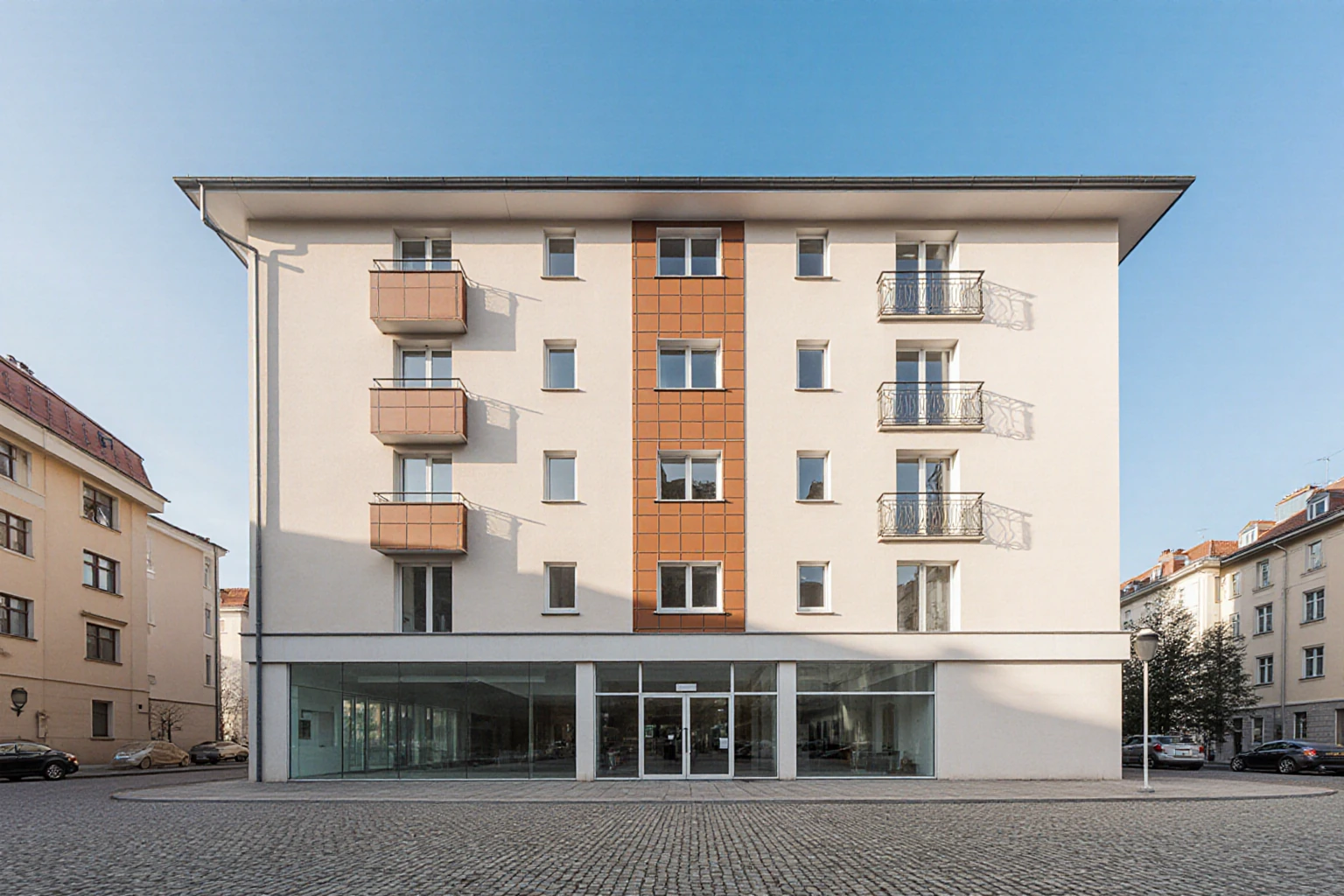 Residential and commercial building with a pale facade, balconies and a glazed ground floor